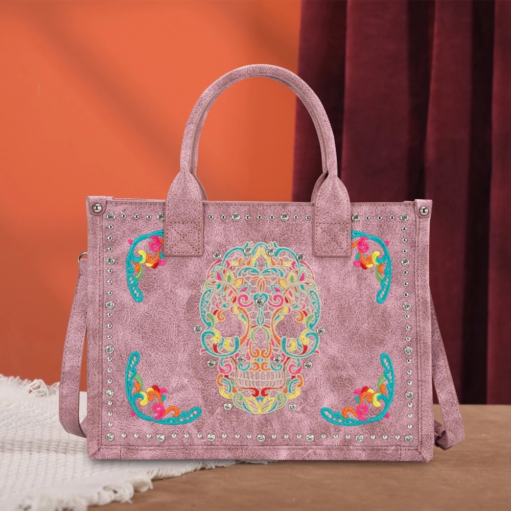 Montana West Embroidered Sugar Skull Tote/Crossbody - Pink